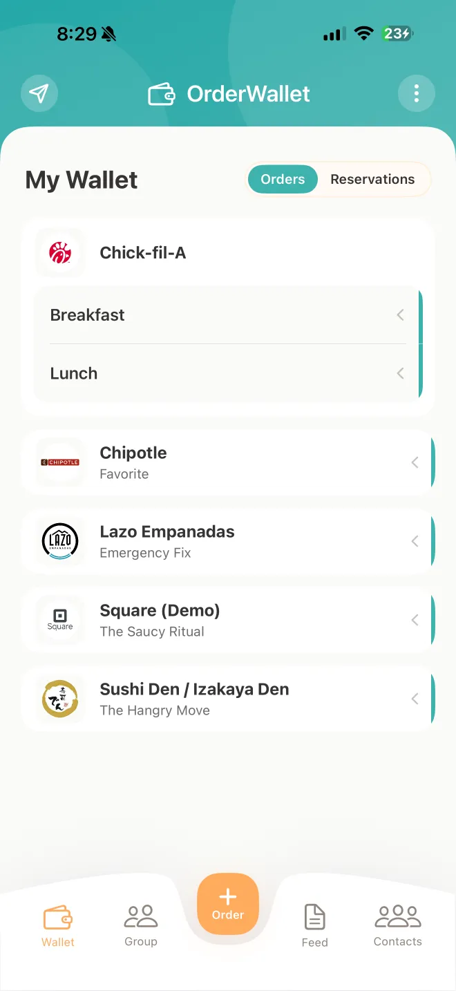 OrderWallet — Orders tab grouped by store