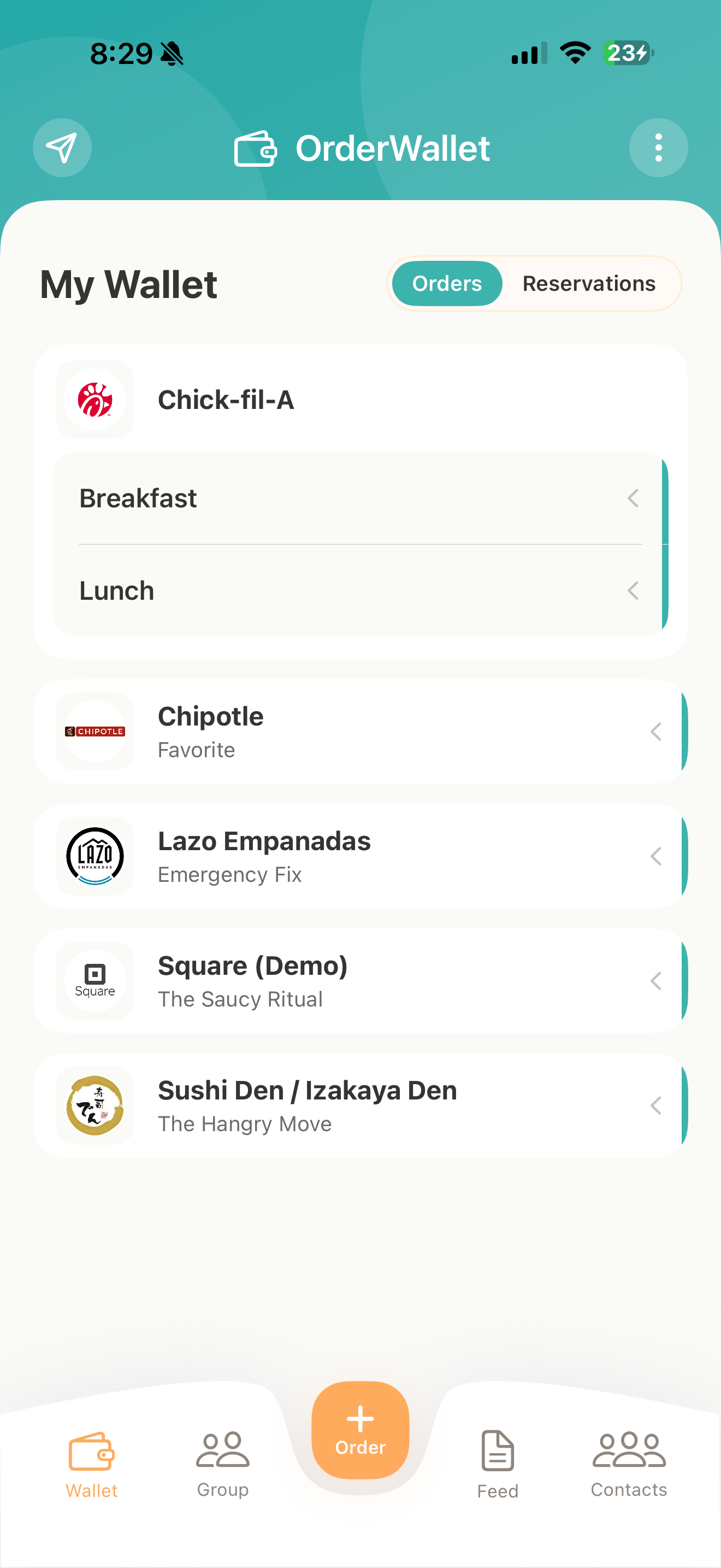 OrderWallet — Orders tab grouped by store