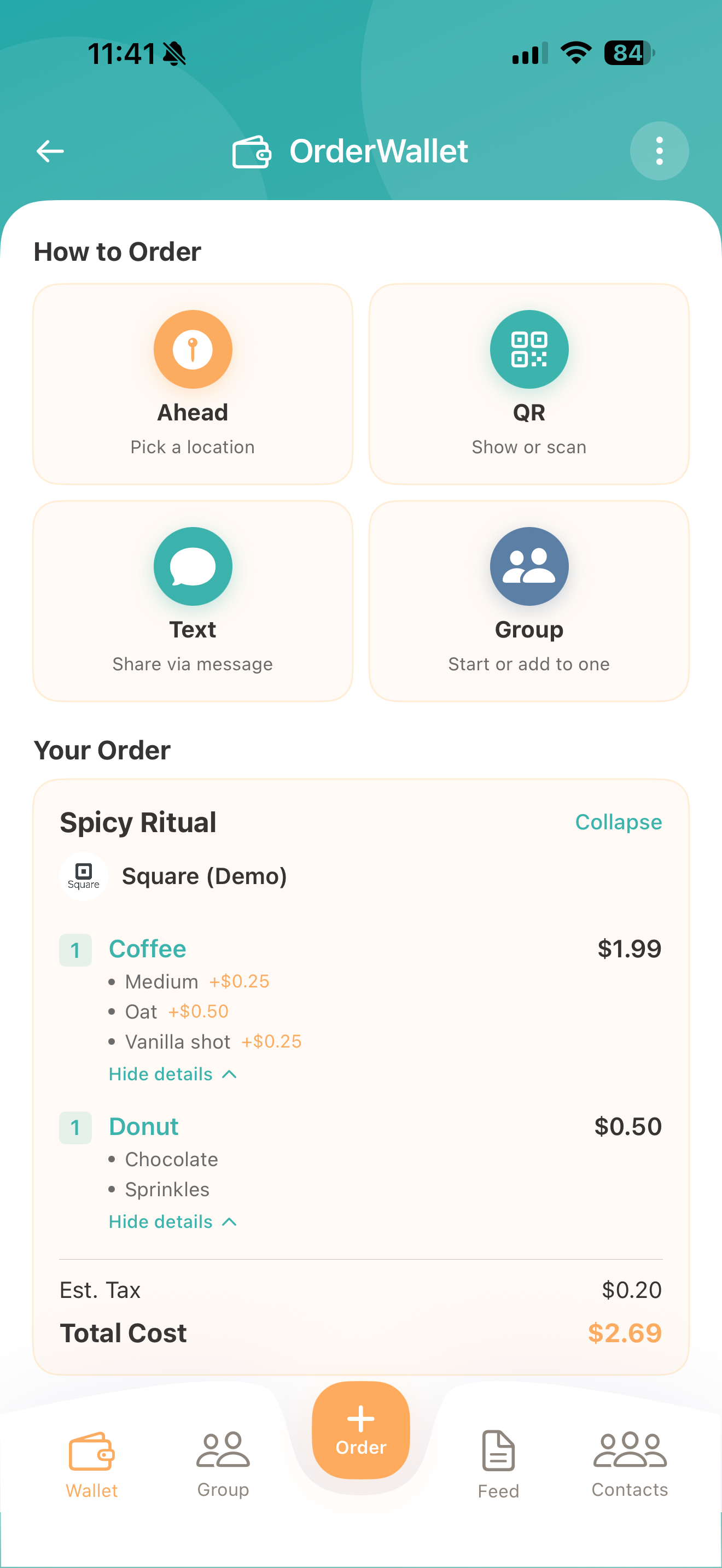 OrderWallet — Saved order with totals and customizations